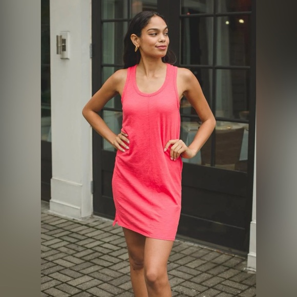 💫Bobi Scoop Neck Slub Cotton Tank Dress, Raspberry, Small, Gently used! - Picture 1 of 14